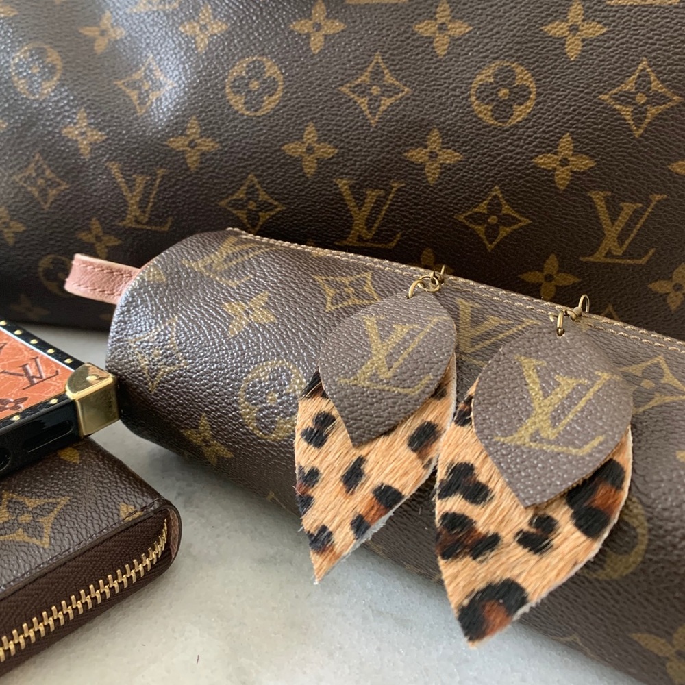 Handmade monogram canvas and cowhide drop earrings